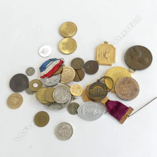 2 CONTAINERS OLD COMMEMORATIVE COINS, MEDALLIONS ETC..