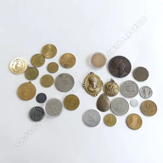 2 CONTAINERS ASST OLD COINS, MEDALS & MEDALLIONS ETC..