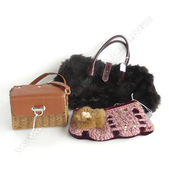 3 LADIES BAGS; BLACK FAUX FUR & LEATHER, WICKER & LEATHER & CACHE CACHE PINK WOOL & VELVET