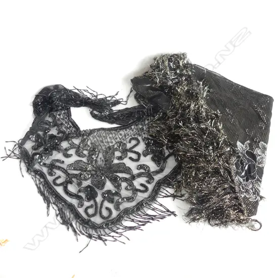 2 FANCY BLACK SHAWLS. 1 BEADED THE OTHER GOLD THREADED