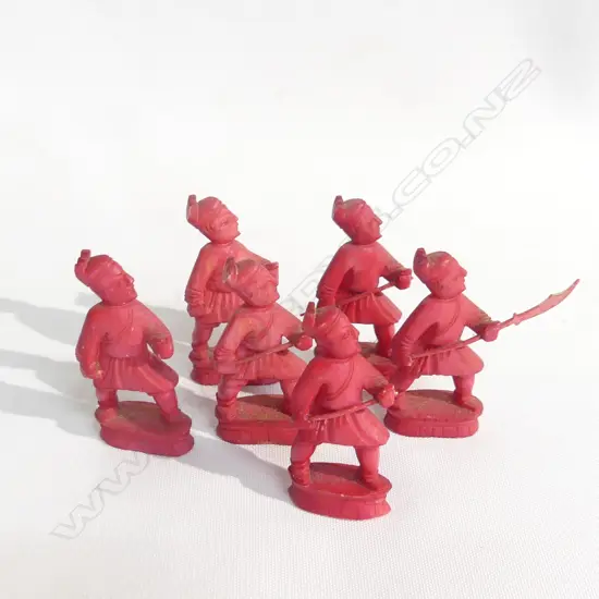 SIX CHINESE CARVED IVORY WARRIOR FIGURES, RED STAIN H.50MM