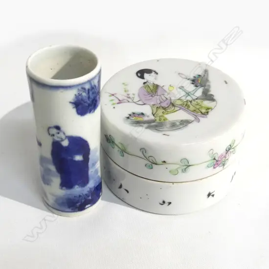 2 CHINESE CERAMICS; LIDDED CONTAINER 80mm dia + SMALL VASE H.85mm