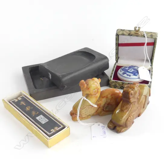 6 CHINESE ITEMS; PR CARVED STONE TEMPLE DOGS, 2 INK STONES, SEAL & PASTE