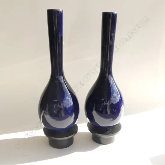 PR BLUE GLAZED ORIENTAL STYLE VASES H.455mm + WOODEN STANDS