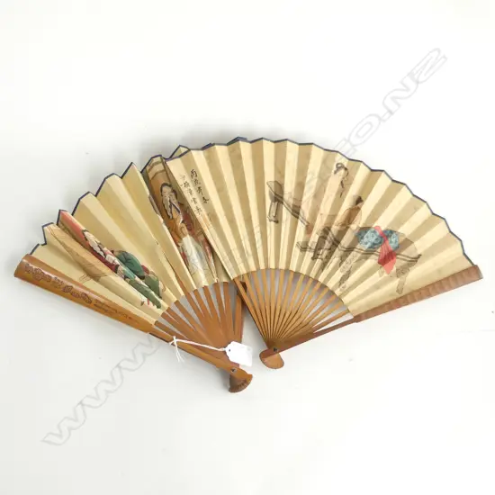 2 JAPANESE VINTAGE SHUNGA (EROTIC ART) FANS WOODBLOCK FOLD. Carved frame