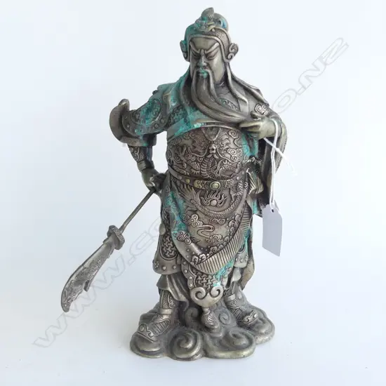 CHINESE WHITE METAL TEMPLE GUARDIAN FIGURE w HALBERD POLE ARM. H.240mm