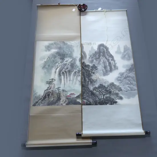 2 HAND PAINTED CHINESE LANDSCAPE SCROLLS 670x470mm (image size)