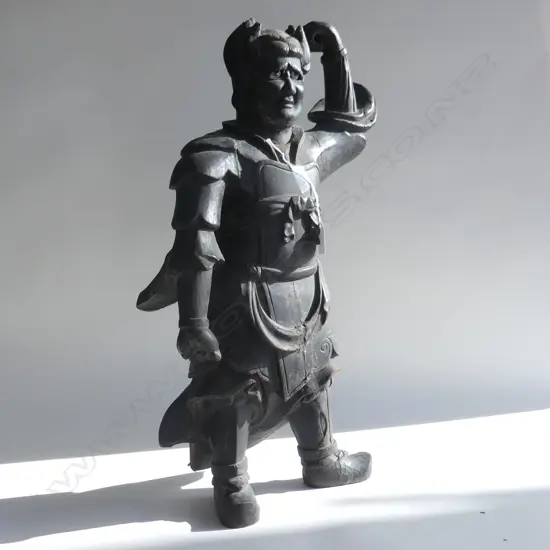 LGE ANTIQUE DEITY STATUE H560. DISTRESSED BLACK PAINTED WOOD