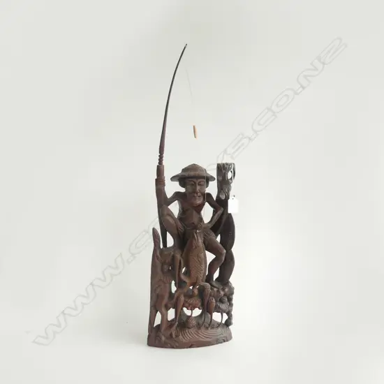 TALL CARVED ORIENTAL FISHERMAN W ROD