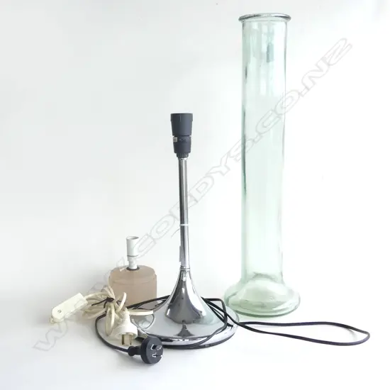 CHROME TULIP BASE LAMP, TALL GLASS VASE + RESIN LAMP BASE