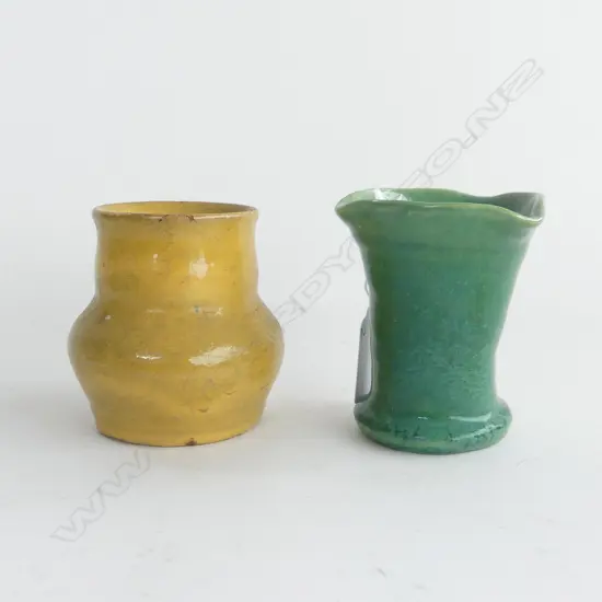 2 ELIZABETH MATHESON PAKA POTTERY PIECES. 2 VASES GREEN & TAN