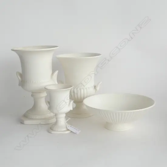 4 WHITE CERAMICS; 2 CROWN LYNN VASES #679 & #665 + WEDGWOOD URN & BOWL 185mm dia