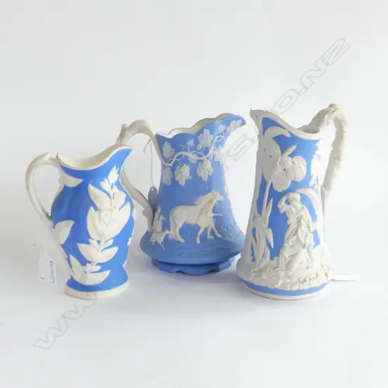 3 ANTIQUE B/W PARIAN WARE JUGS 