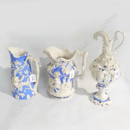 3 ANTIQUE B/W PARIAN WARE JUGS
