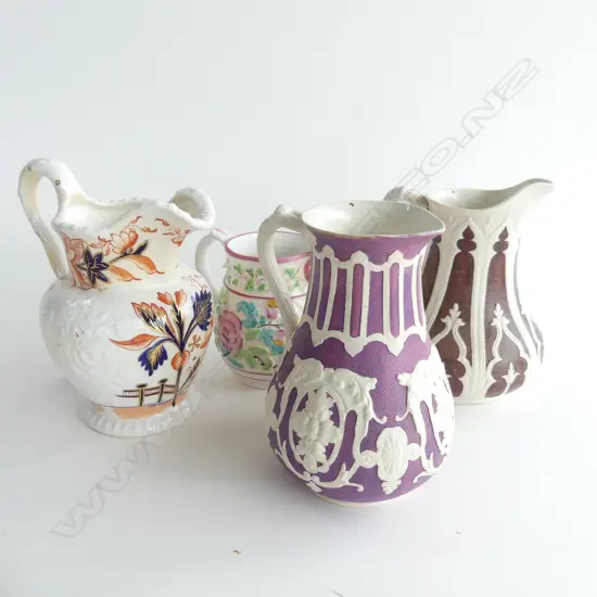 4 ANTIQUE JUGS; IMARI & 3x PARIAN