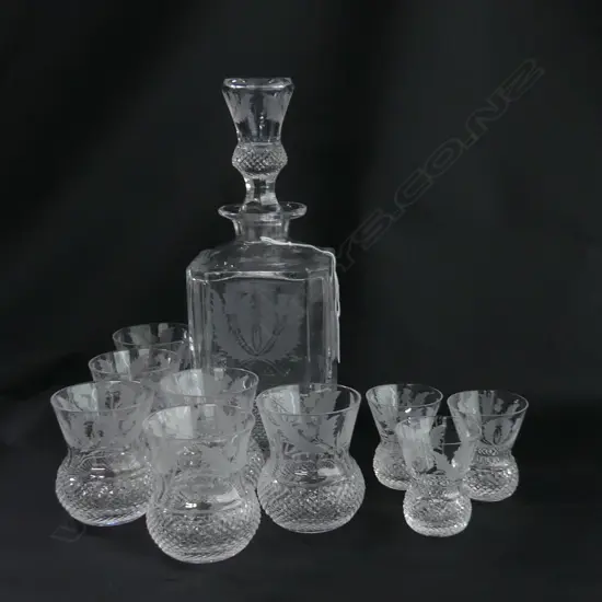 EDINBURGH CRYSTAL DECANTER, ACID ETCHED THISTLE DESIGN + 9 MATCHING GLASSES (2 SIZES (6&3)) 1 A/F