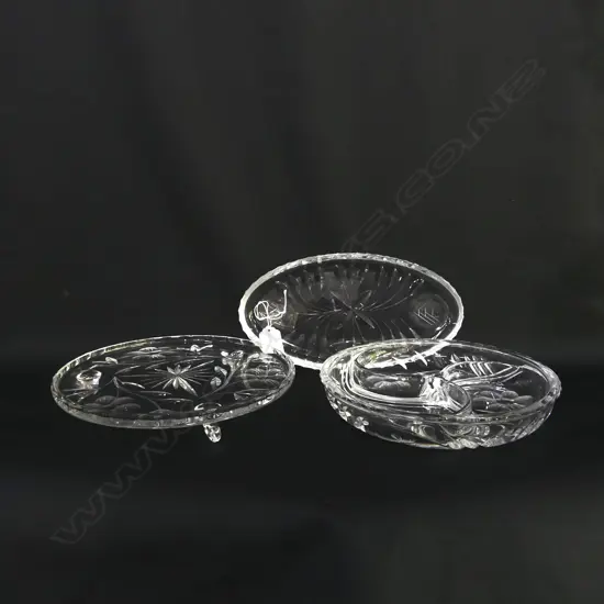 3 ASST CUT GLASS SERVING DISHES - ETCHED WITH FLOWERS - LARGEST DIA 225MM
