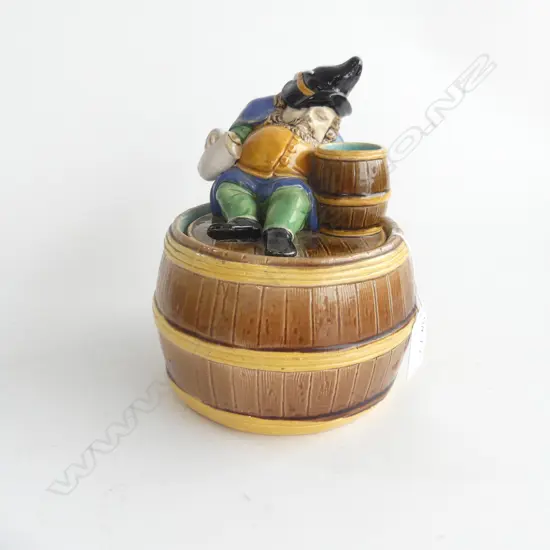 MAJOLICA FIGURAL TOBACCO JAR AND COVER C1885 'DWARF ON BARREL' H.170mm