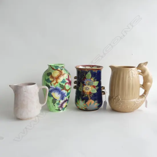 4 PCES CERAMICS; 2 VASES; CROWN DEVON & MALING ; 2 JUGS; SYLVAC & TEMUKA H.200mm