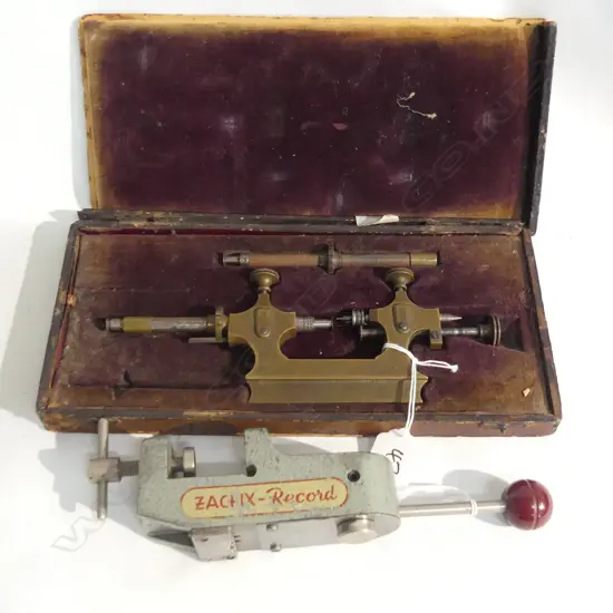 2 ANTIQUE WATCH MAKER'S TOOLS: CASED WATCH MAKER'S LATHE a.f+ WATCH BRACELET STRAP CLAMP 'ZACFIX RECORD'
