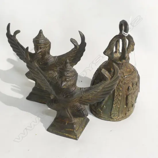 PR ORIENTAL BRONZE GARUDA FIGURES + TEMPLE BELL H.130mm
