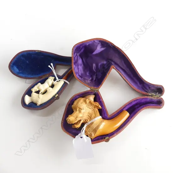 2 ANTIQUE PIPES. MEERSCHAUM dog's head a.f & smaller w horse. Both cased 