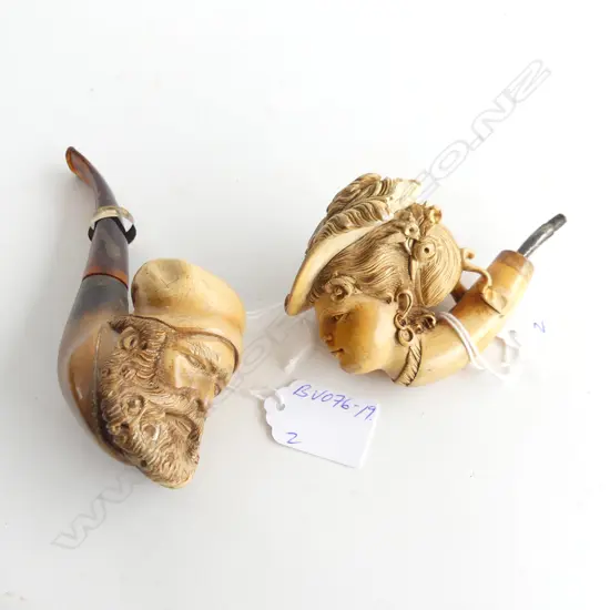 2 ANTIQUE MEERSCHAUM PIPES. Bearded gent & woman w fancy hat A.F