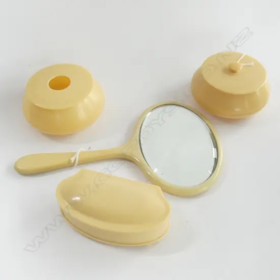 4 PIECE IVORINE DRESSING SET C1930S HAIRTIDY MIRROR JEWLLERY BOX ETC