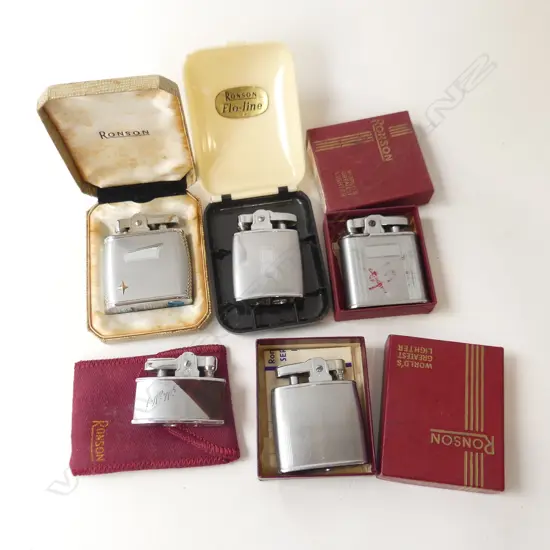 5 VINTAGE RONSON LIGHTERS IN CASES