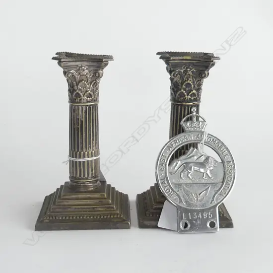 PR SILVER PLATE CORINTHIAN COLUMN CANDLESTICKS + AA BADGE East Africa