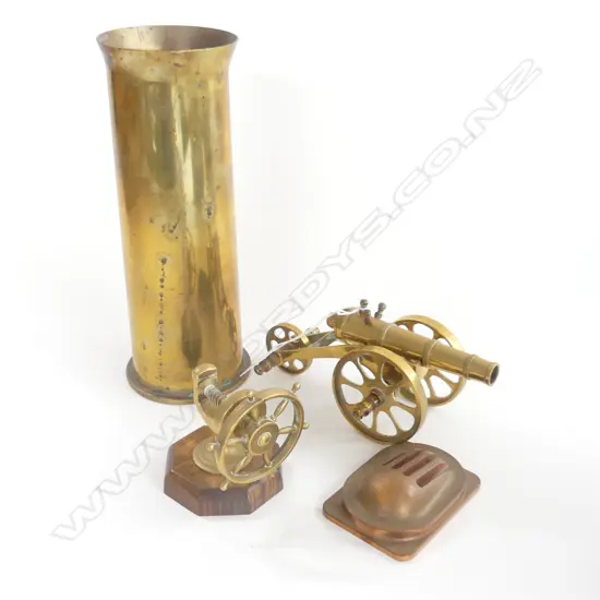 4 BRASS PCES; SHELL CASING VASE H.270mm, CANON, NUTCRACKER & PAPER WEIGHT