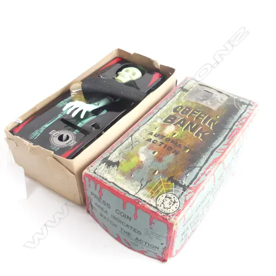OLD BOXED KEYWIND TOY THE COFFIN BANK 