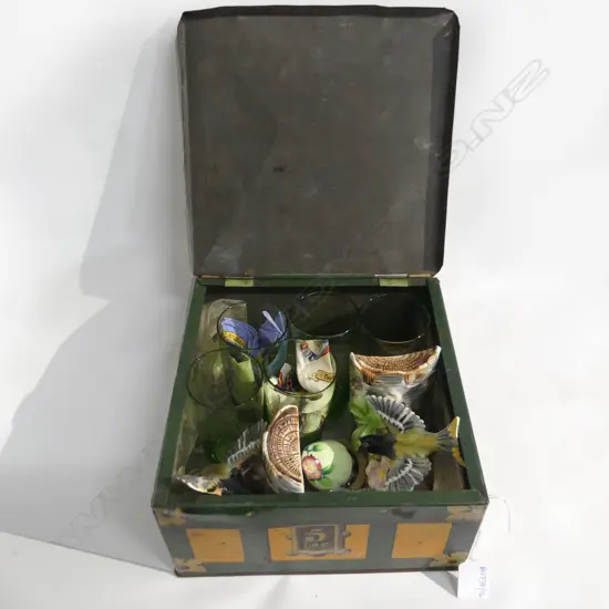 BOX LOT TEA TIN, GLASSES, BOOKENDS ETC