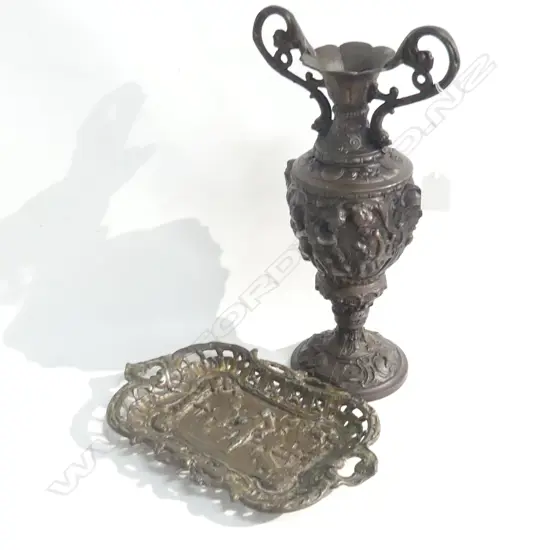 VINTAGE SPELTER ORNATE VASE H.340mm & TRAY W.275mm