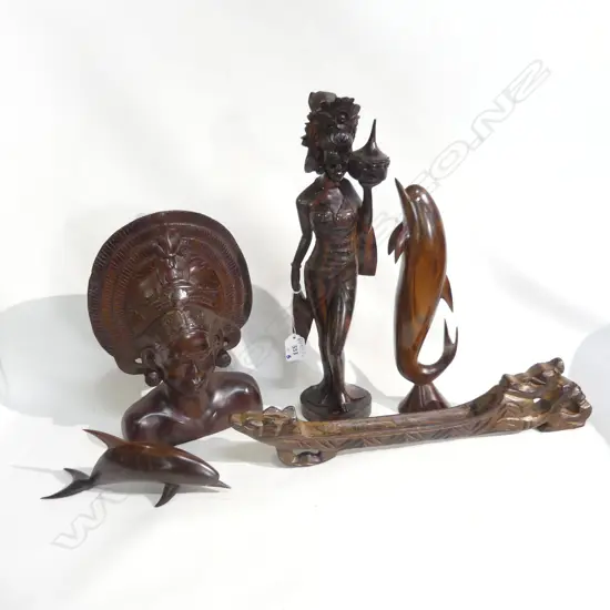 5 CARVED WOODEN ORIENTAL PCES; FIGURE H.380mm, BUST, 2 DOLPHINS, STAND