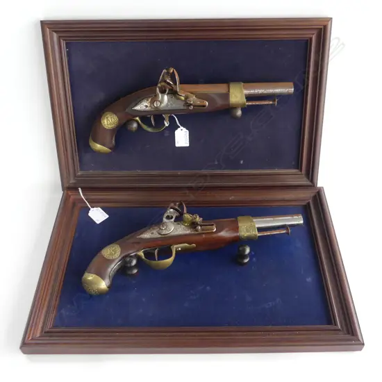 PR REPRODUCTION DUELING PISTOLS (rust) L.350mm w. PR WALL MOUNTED FRAMES 305x475mm