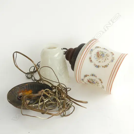 2 LIGHTSHADES ONE MILK GLASS OTHER WITH TRANSFER DECORATION & FITTINGS