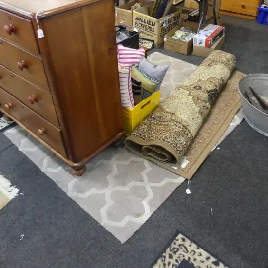 2 RUGS BEIGE MACHINE KNOTTED 2300x1600mm + FAWN & WHITE GEOMETRIC WOOL RUG (STAINS) 1970x1390mm