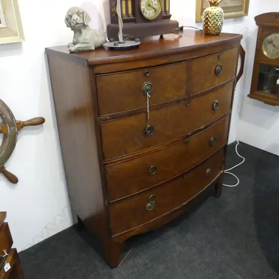 GEO.III MAHOGANY BOW FRONT CHEST some faults. Leg + veneer issues