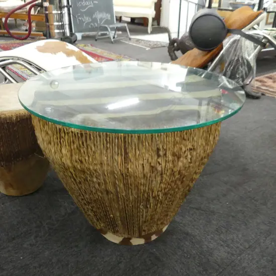 LGE OLD ZEBRA SKIN DRUM W GLASS COFFEE TABLE TOP