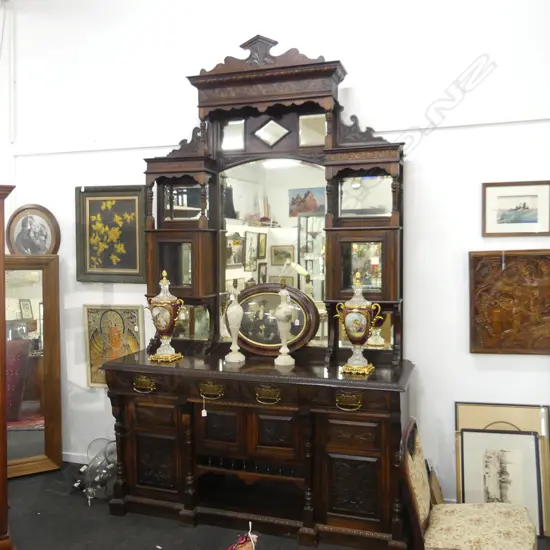 LATE 19THC NZ COLONIAL RIMU & KAURI MIRROR BACK SIDEBOARD, 1800 X 620 X 2950 mm