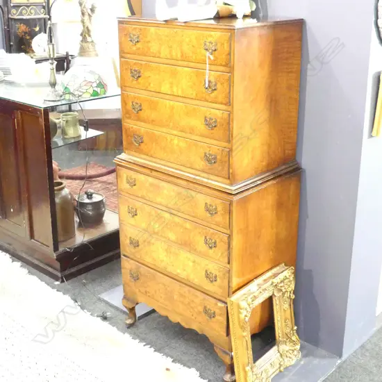CHEST ON CHEST WALNUT FRONTED CHEST OF DRAWERS; L 260 H 1410MM A/F