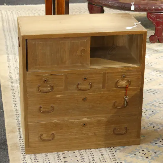 1930’S PAULOWNIA BEDSIDE CABINET W COPPER HANDLES & KEY  H64