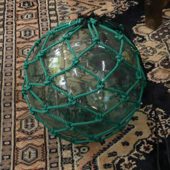 OLD GLASS FISHING FLOAT WITH GREEN NETTING Dia.300mm