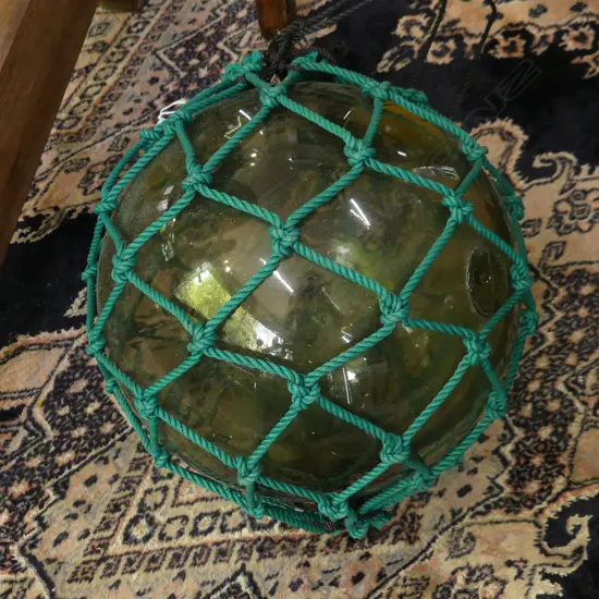 OLD GLASS FISHING FLOAT WITH GREEN NETTING Dia.300mm
