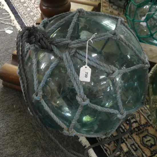 OLD GLASS FISHING FLOAT WITH BLUE NETTING Dia.350mm