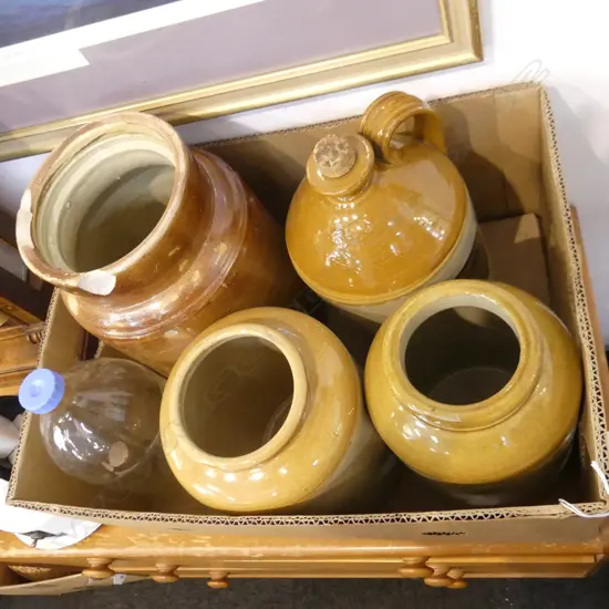 BOX LOT CERAMIC CROCKS & JUG ETC