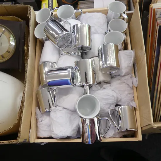 BOX LOT SILVER CERAMIC COFFEE CUPS
