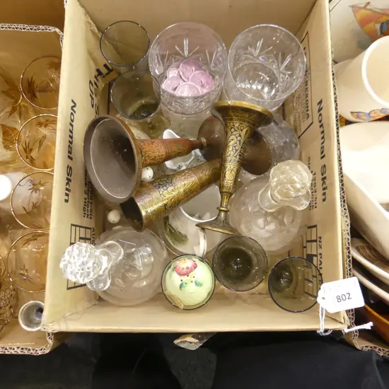 BOX LOT ASST. CRYSTAL TUMBLERS, PR SMALL DECANTERS ETC...