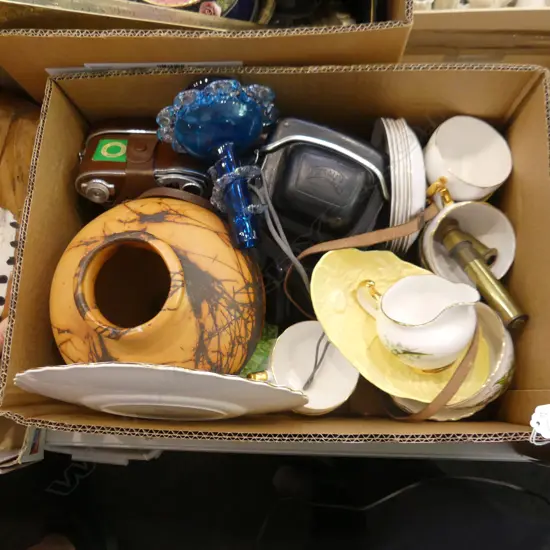 BOX LOT ASST. CHINA; TEA SET, CAMERAS ETC